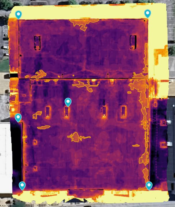Thermal scan of a commercial roof showing heat loss